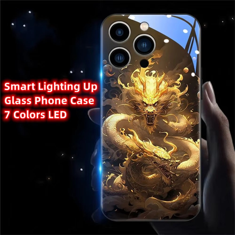 Premium iPhone Case LED Luminous Protective Cover Golden Dragon Design Sound Reactive Tempered Glass Back Shockproof TPU Frame Ultra Thin Full Protection