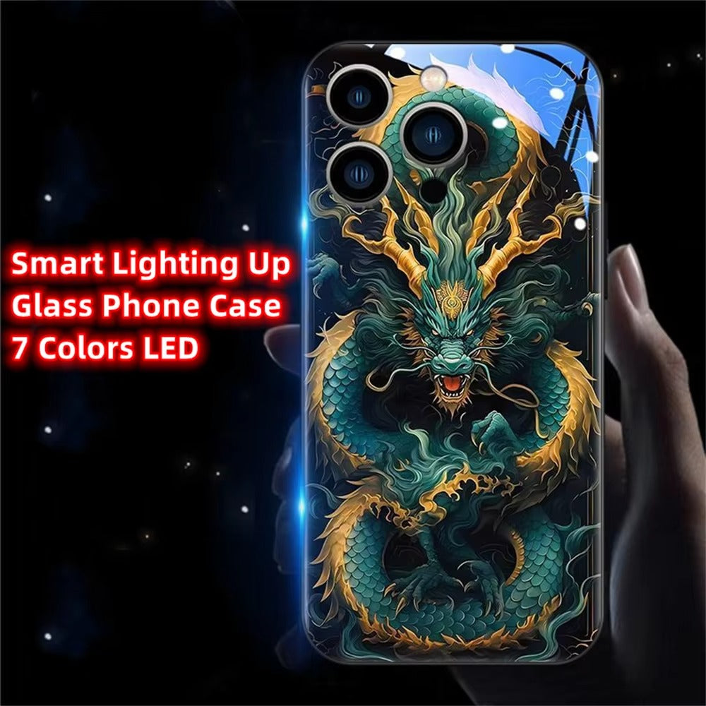 Premium iPhone Case LED Luminous Protective Cover Golden Dragon Design Sound Reactive Tempered Glass Back Shockproof TPU Frame Ultra Thin Full Protection