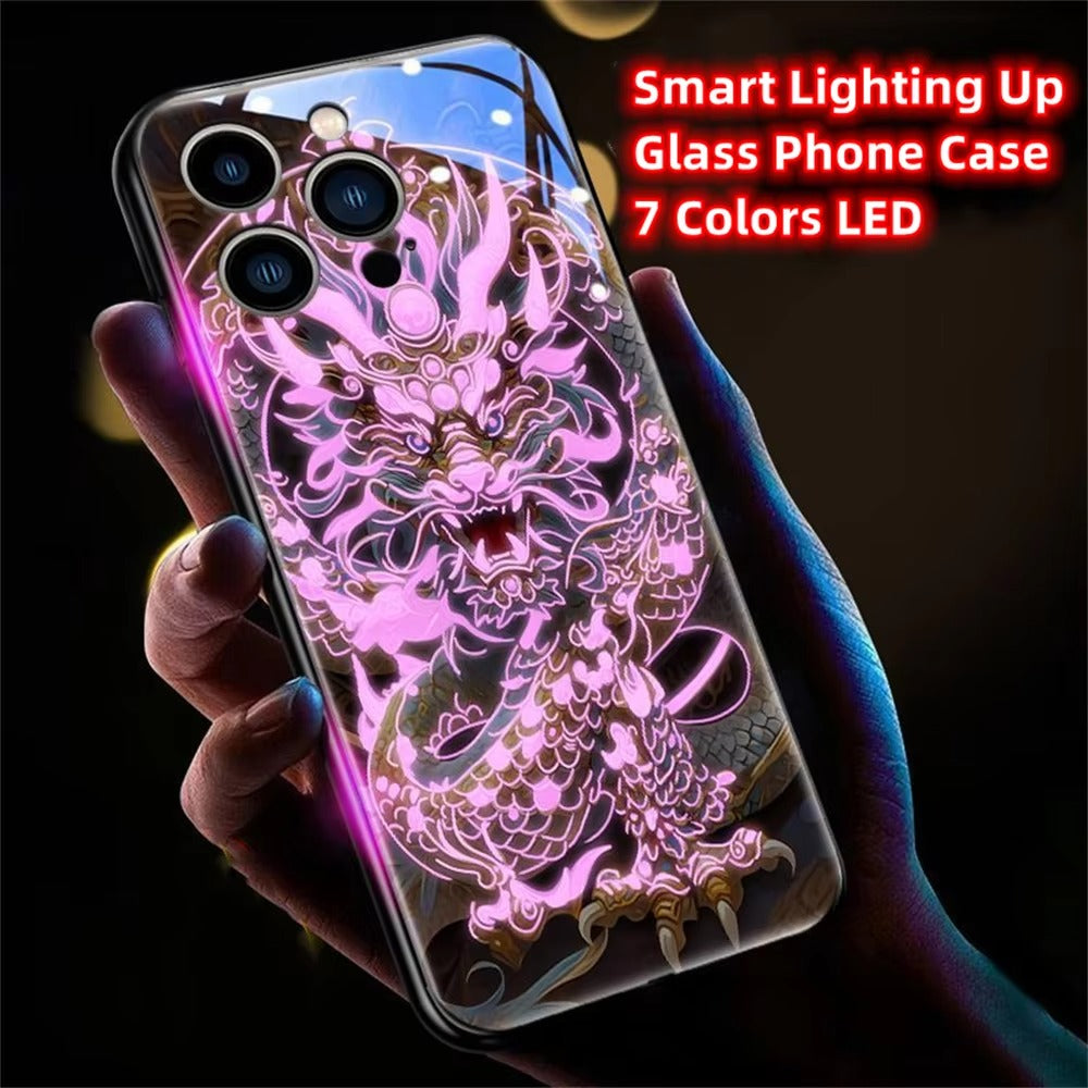 Premium iPhone Case LED Luminous Protective Cover Golden Dragon Design Sound Reactive Tempered Glass Back Shockproof TPU Frame Ultra Thin Full Protection