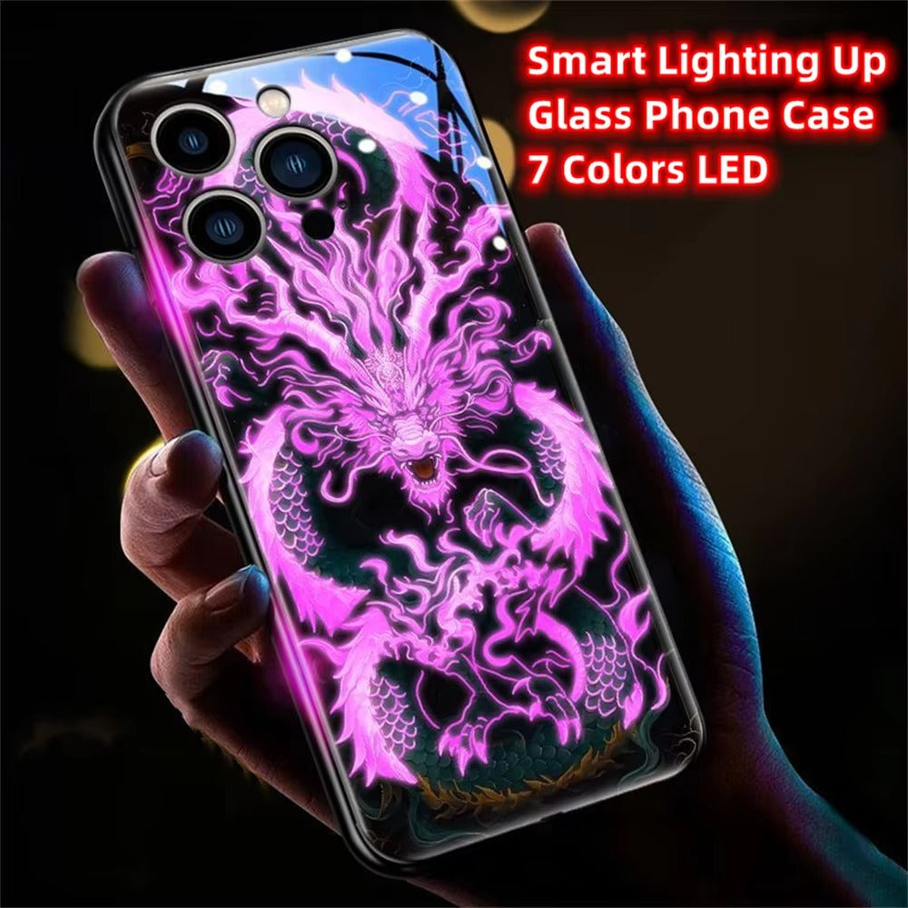 Premium iPhone Case LED Luminous Protective Cover Golden Dragon Design Sound Reactive Tempered Glass Back Shockproof TPU Frame Ultra Thin Full Protection