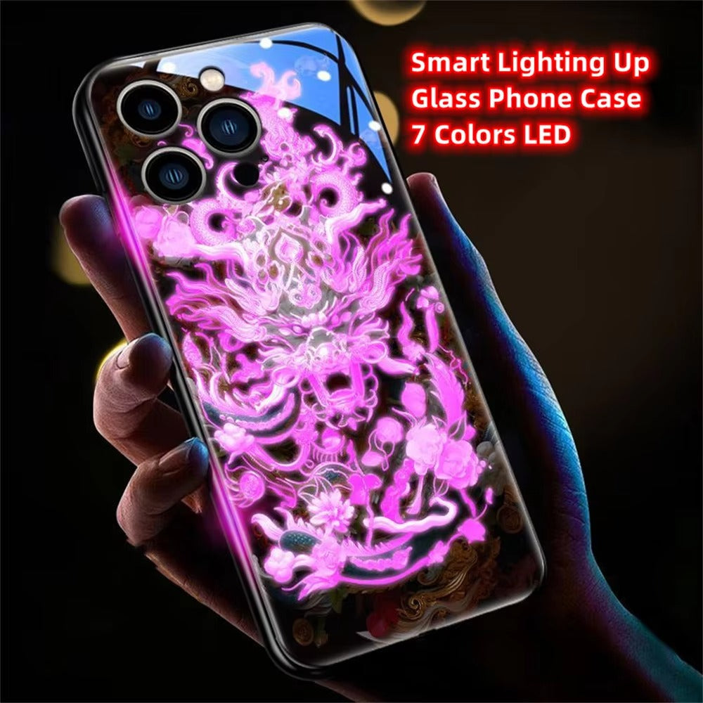 Premium iPhone Case LED Luminous Protective Cover Golden Dragon Design Sound Reactive Tempered Glass Back Shockproof TPU Frame Ultra Thin Full Protection