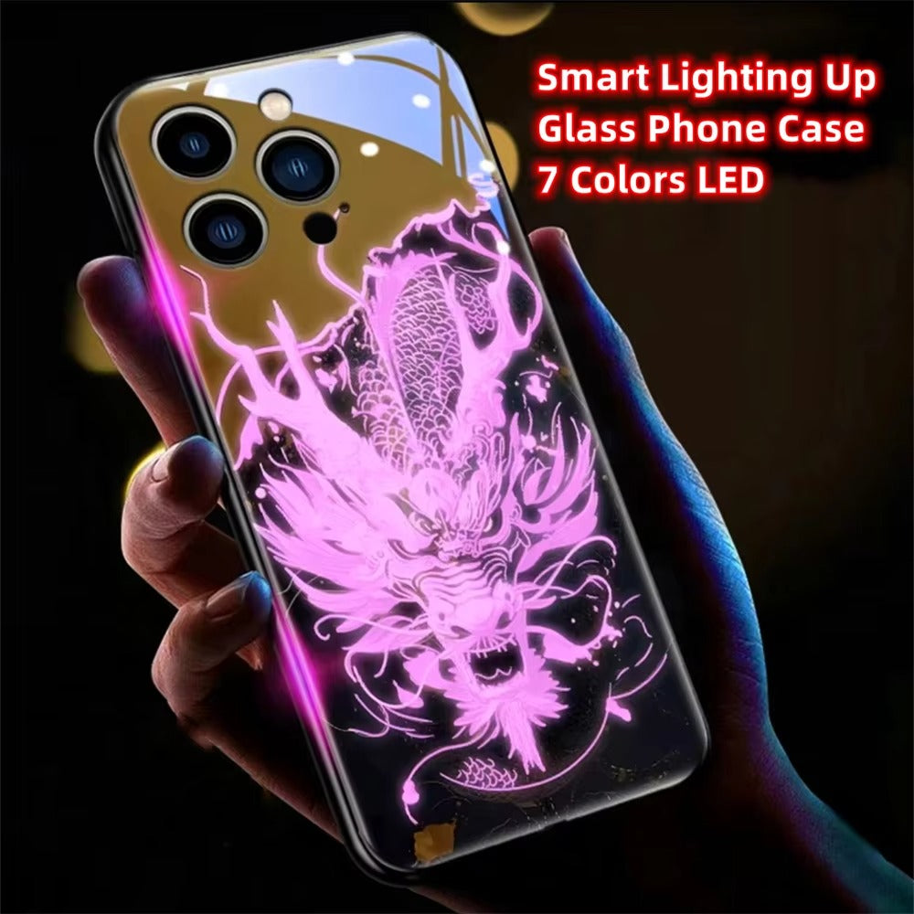 Premium iPhone Case LED Luminous Protective Cover Golden Dragon Design Sound Reactive Tempered Glass Back Shockproof TPU Frame Ultra Thin Full Protection