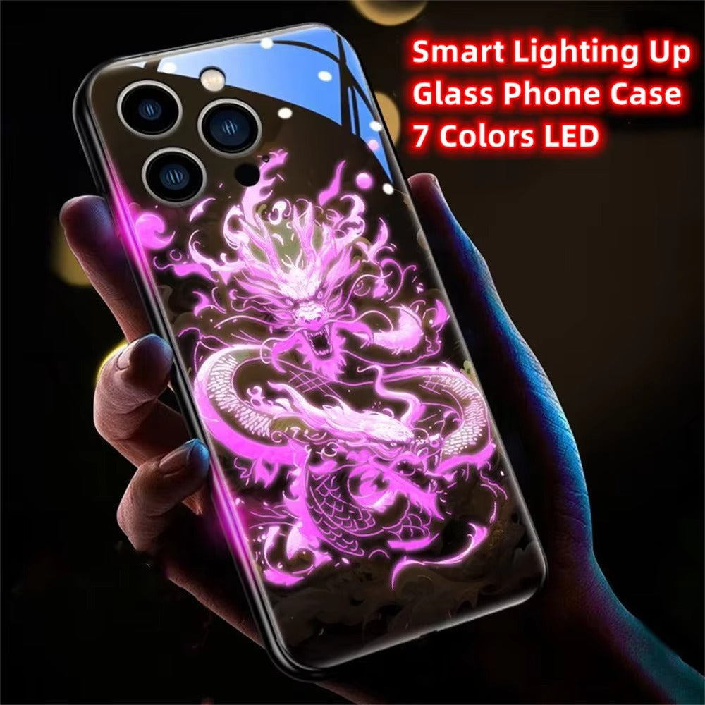 Premium iPhone Case LED Luminous Protective Cover Golden Dragon Design Sound Reactive Tempered Glass Back Shockproof TPU Frame Ultra Thin Full Protection