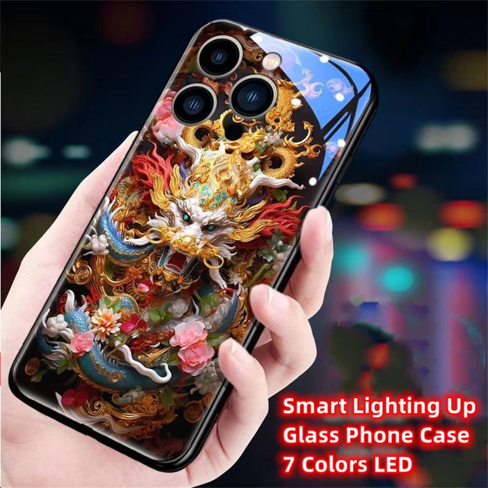 Premium iPhone Case LED Luminous Protective Cover Golden Dragon Design Sound Reactive Tempered Glass Back Shockproof TPU Frame Ultra Thin Full Protection