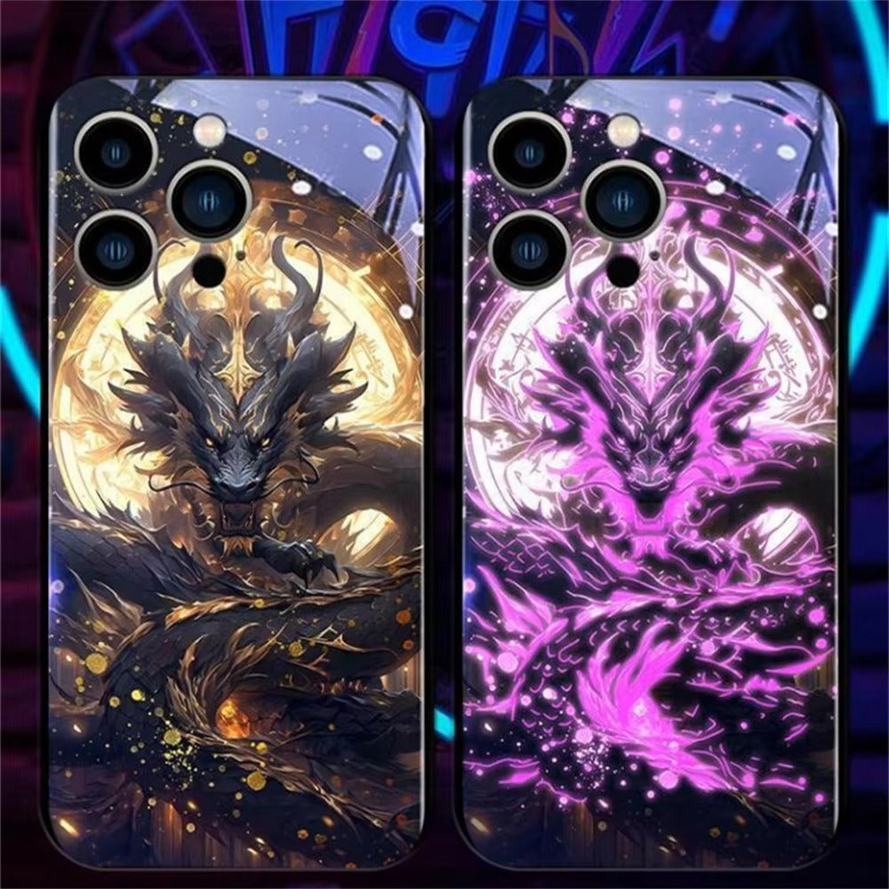 Premium iPhone Case LED Luminous Protective Cover Golden Dragon Design Sound Reactive Tempered Glass Back Shockproof TPU Frame Ultra Thin Full Protection