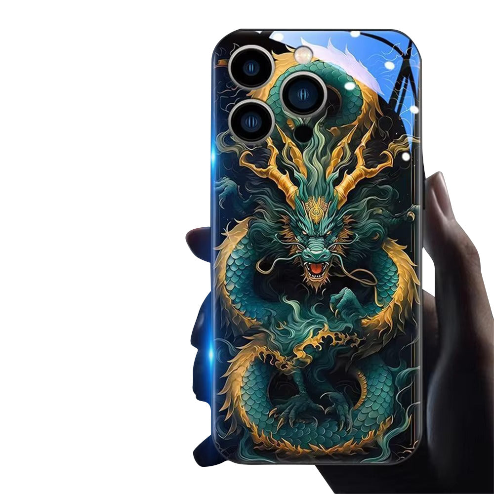 Premium iPhone Case LED Luminous Protective Cover Golden Dragon Design Sound Reactive Tempered Glass Back Shockproof TPU Frame Ultra Thin Full Protection