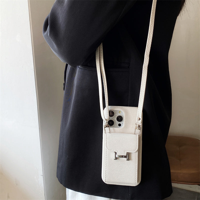 Premium iPhone Case Leather Wallet Crossbody Flip Cover PU Leather Card Pocket Shoulder Strap Shockproof Protection Full Coverage