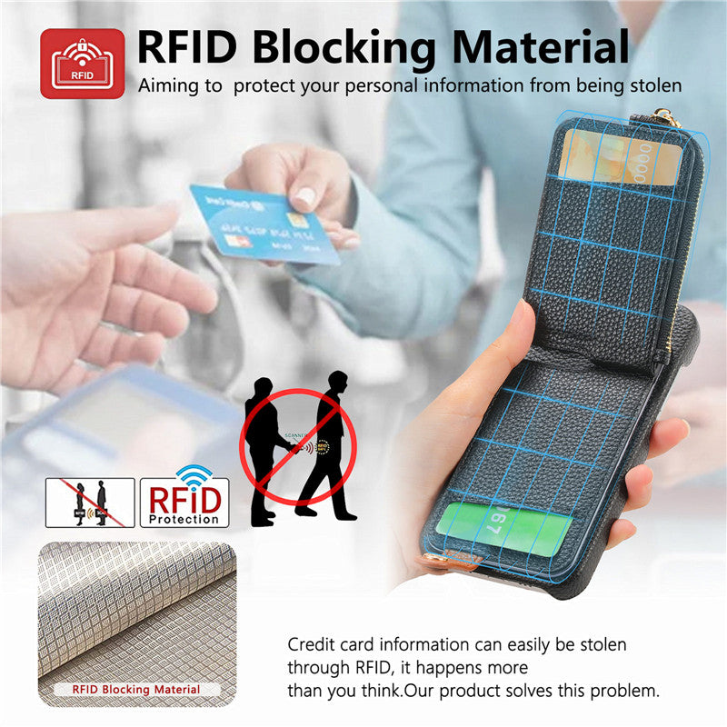 Premium iPhone Case Leather Zipper Wallet Cover Card Holder Ring Kickstand Magnetic Closure Shockproof Full Protection Slim Design