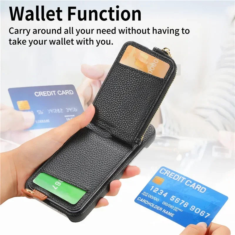 Premium iPhone Case Leather Zipper Wallet Cover Card Holder Ring Kickstand Magnetic Closure Shockproof Full Protection Slim Design