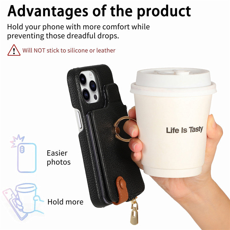Premium iPhone Case Leather Zipper Wallet Cover Card Holder Ring Kickstand Magnetic Closure Shockproof Full Protection Slim Design