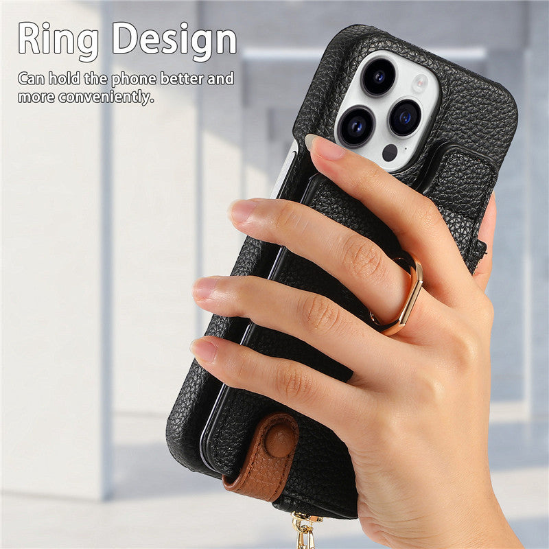 Premium iPhone Case Leather Zipper Wallet Cover Card Holder Ring Kickstand Magnetic Closure Shockproof Full Protection Slim Design