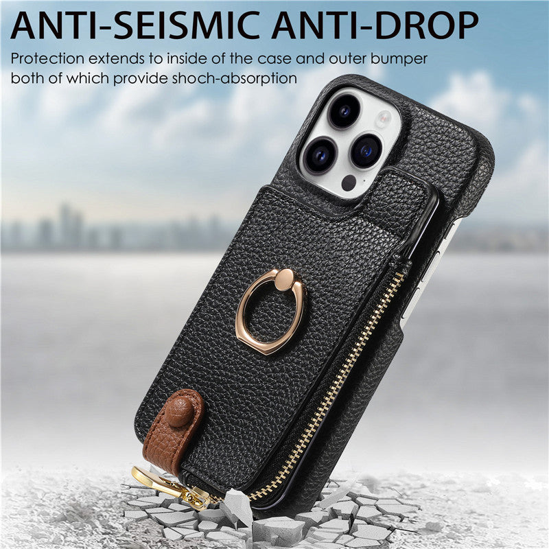 Premium iPhone Case Leather Zipper Wallet Cover Card Holder Ring Kickstand Magnetic Closure Shockproof Full Protection Slim Design