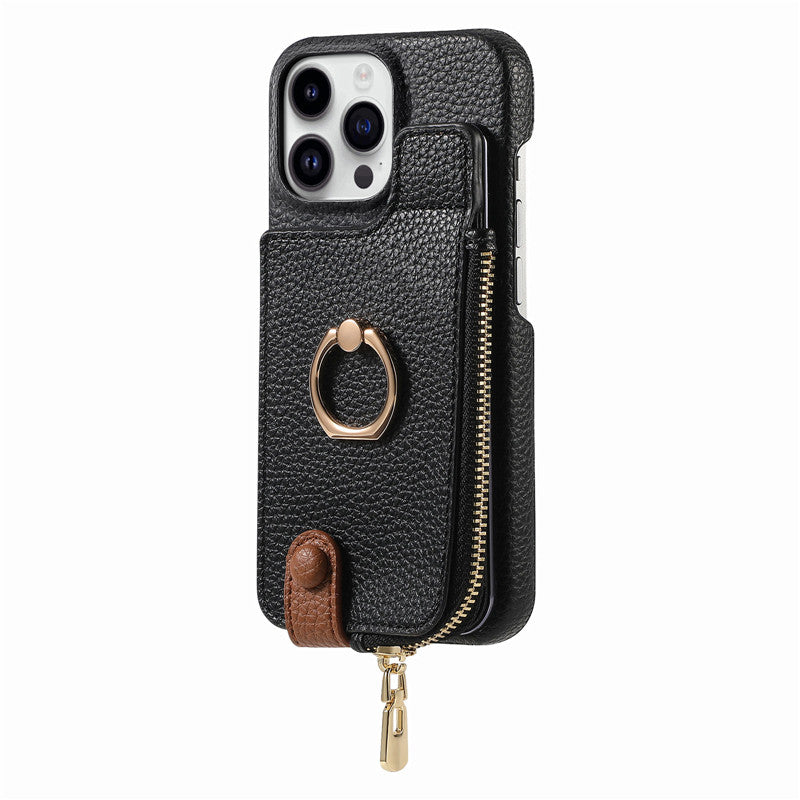 Premium iPhone Case Leather Zipper Wallet Cover Card Holder Ring Kickstand Magnetic Closure Shockproof Full Protection Slim Design