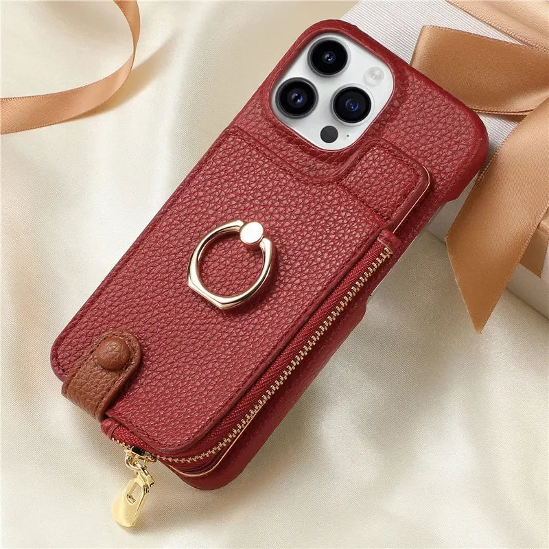 Premium iPhone Case Leather Zipper Wallet Cover Card Holder Ring Kickstand Magnetic Closure Shockproof Full Protection Slim Design