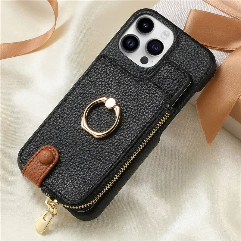 Premium iPhone Case Leather Zipper Wallet Cover Card Holder Ring Kickstand Magnetic Closure Shockproof Full Protection Slim Design