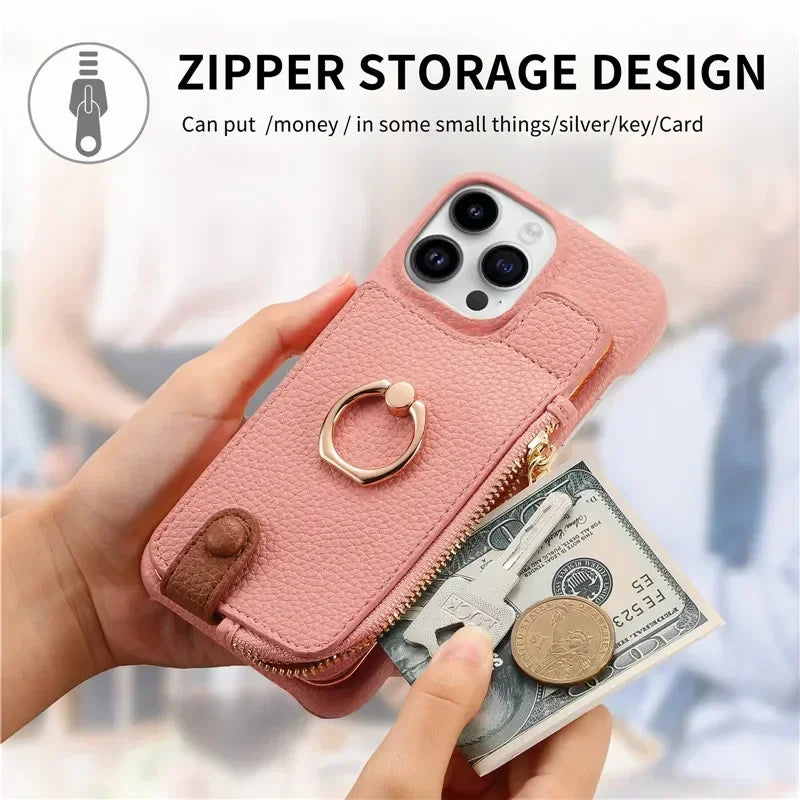 Premium iPhone Case Leather Zipper Wallet Cover Card Holder Ring Kickstand Magnetic Closure Shockproof Full Protection Slim Design