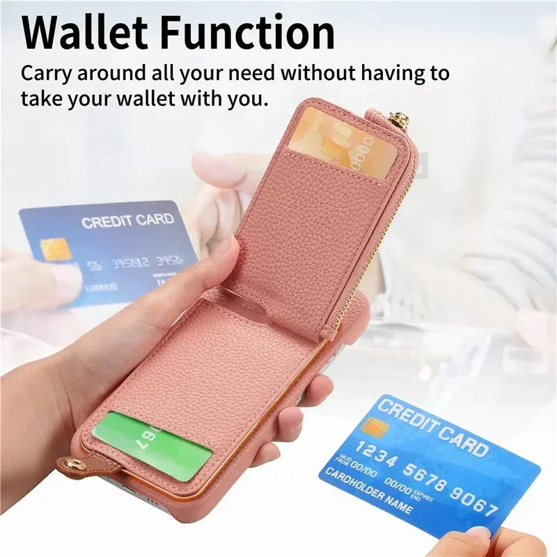 Premium iPhone Case Leather Zipper Wallet Cover Card Holder Ring Kickstand Magnetic Closure Shockproof Full Protection Slim Design