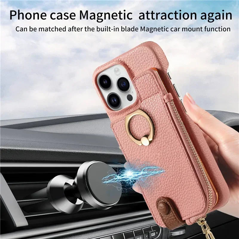 Premium iPhone Case Leather Zipper Wallet Cover Card Holder Ring Kickstand Magnetic Closure Shockproof Full Protection Slim Design