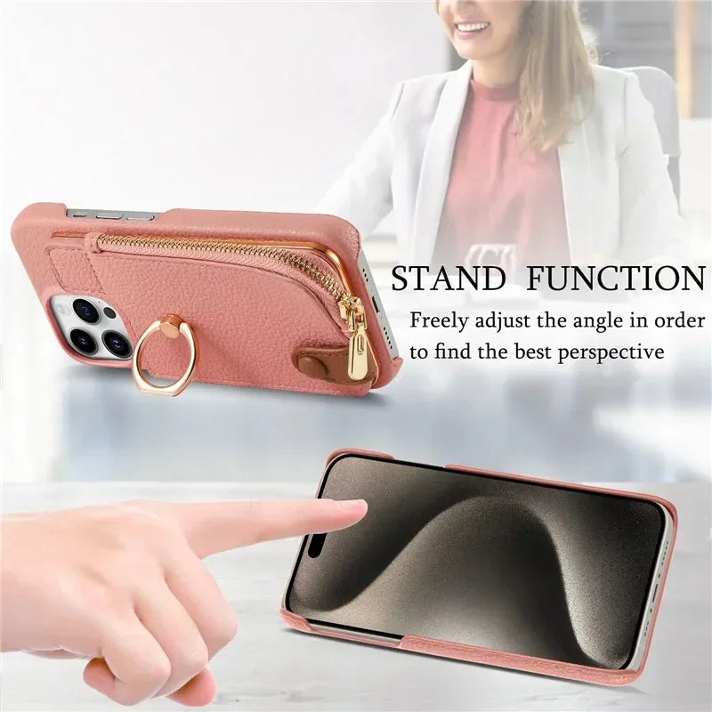 Premium iPhone Case Leather Zipper Wallet Cover Card Holder Ring Kickstand Magnetic Closure Shockproof Full Protection Slim Design