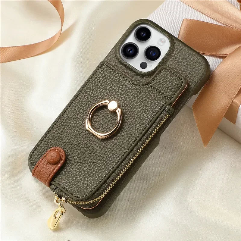 Premium iPhone Case Leather Zipper Wallet Cover Card Holder Ring Kickstand Magnetic Closure Shockproof Full Protection Slim Design