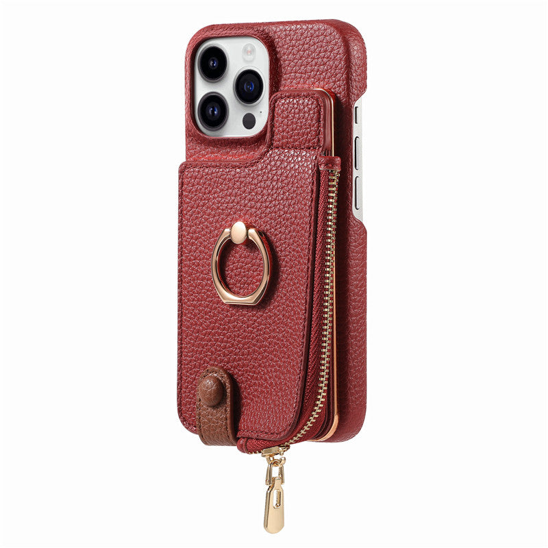 Premium iPhone Case Leather Zipper Wallet Cover Card Holder Ring Kickstand Magnetic Closure Shockproof Full Protection Slim Design