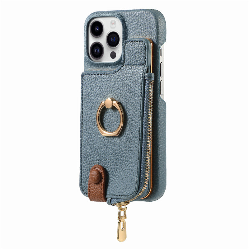 Premium iPhone Case Leather Zipper Wallet Cover Card Holder Ring Kickstand Magnetic Closure Shockproof Full Protection Slim Design