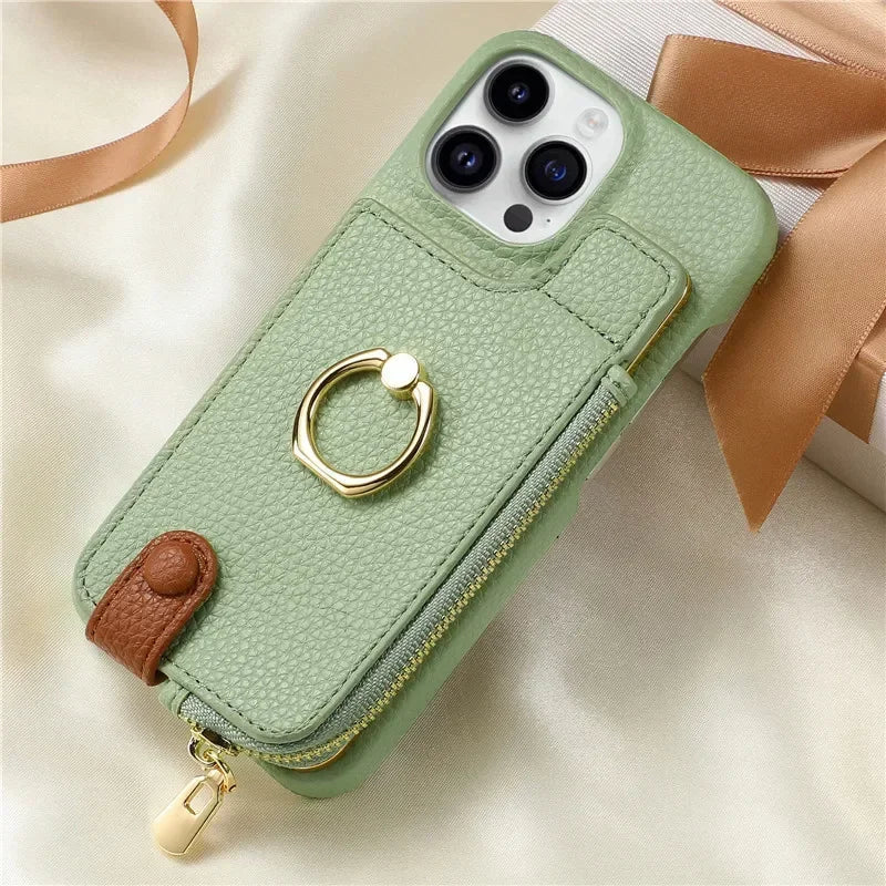 Premium iPhone Case Leather Zipper Wallet Cover Card Holder Ring Kickstand Magnetic Closure Shockproof Full Protection Slim Design