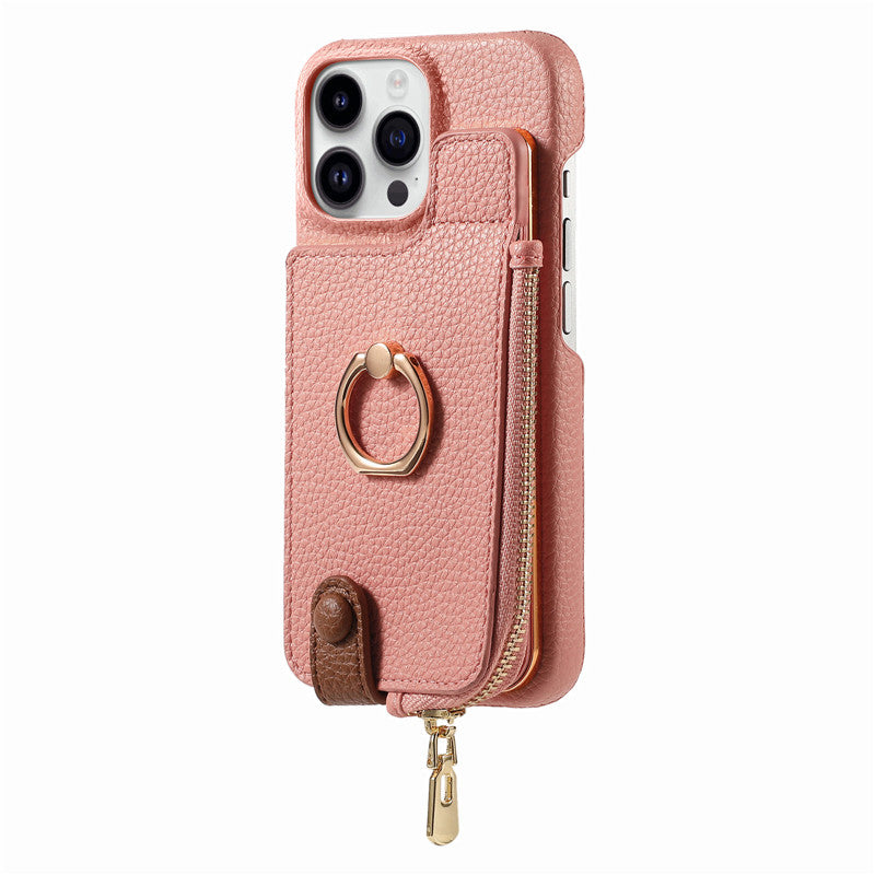 Premium iPhone Case Leather Zipper Wallet Cover Card Holder Ring Kickstand Magnetic Closure Shockproof Full Protection Slim Design