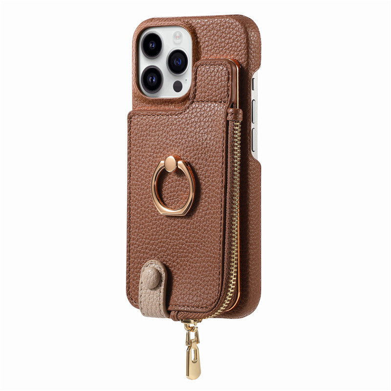 Premium iPhone Case Leather Zipper Wallet Cover Card Holder Ring Kickstand Magnetic Closure Shockproof Full Protection Slim Design