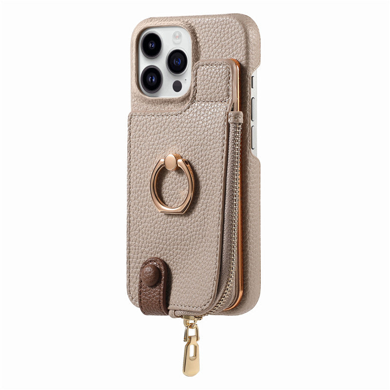 Premium iPhone Case Leather Zipper Wallet Cover Card Holder Ring Kickstand Magnetic Closure Shockproof Full Protection Slim Design