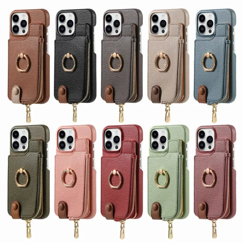 Premium iPhone Case Leather Zipper Wallet Cover Card Holder Ring Kickstand Magnetic Closure Shockproof Full Protection Slim Design