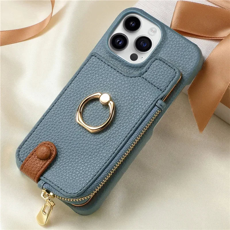 Premium iPhone Case Leather Zipper Wallet Cover Card Holder Ring Kickstand Magnetic Closure Shockproof Full Protection Slim Design
