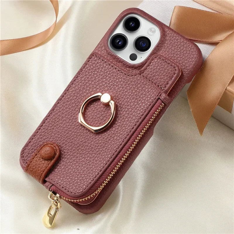 Premium iPhone Case Leather Zipper Wallet Cover Card Holder Ring Kickstand Magnetic Closure Shockproof Full Protection Slim Design