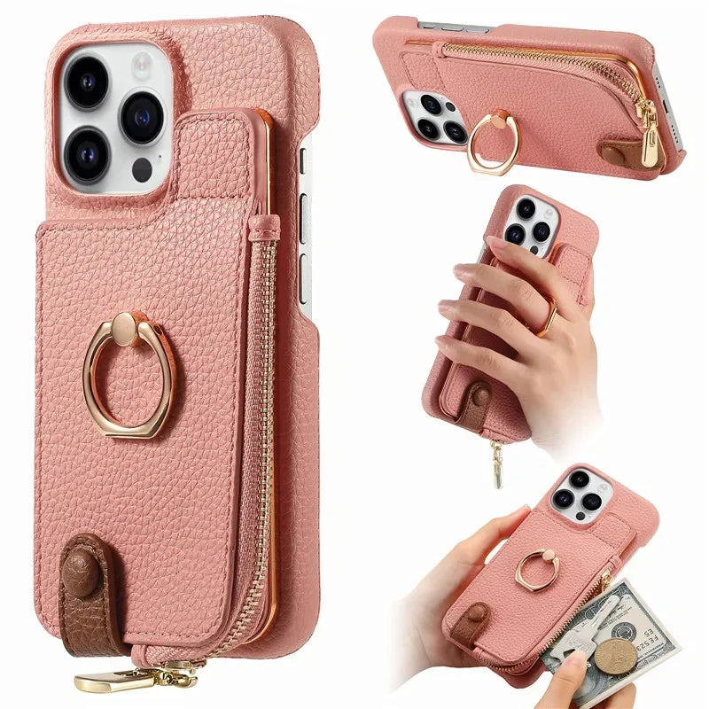 Premium iPhone Case Leather Zipper Wallet Cover Card Holder Ring Kickstand Magnetic Closure Shockproof Full Protection Slim Design