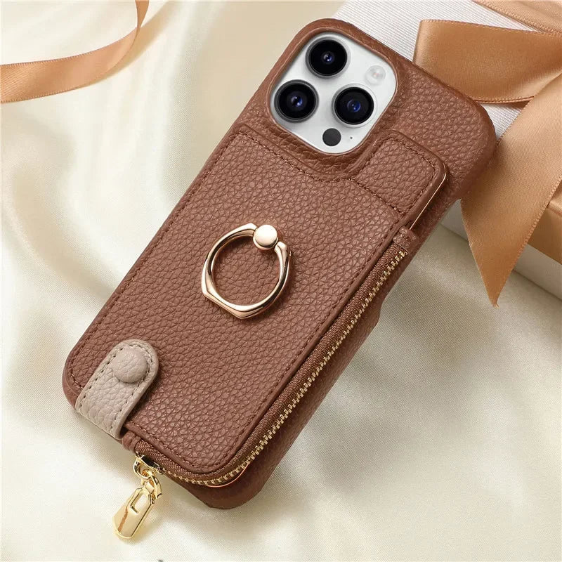 Premium iPhone Case Leather Zipper Wallet Cover Card Holder Ring Kickstand Magnetic Closure Shockproof Full Protection Slim Design