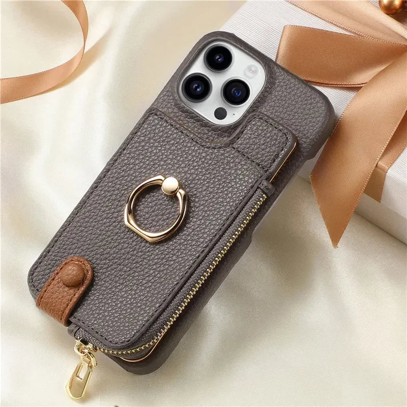 Premium iPhone Case Leather Zipper Wallet Cover Card Holder Ring Kickstand Magnetic Closure Shockproof Full Protection Slim Design