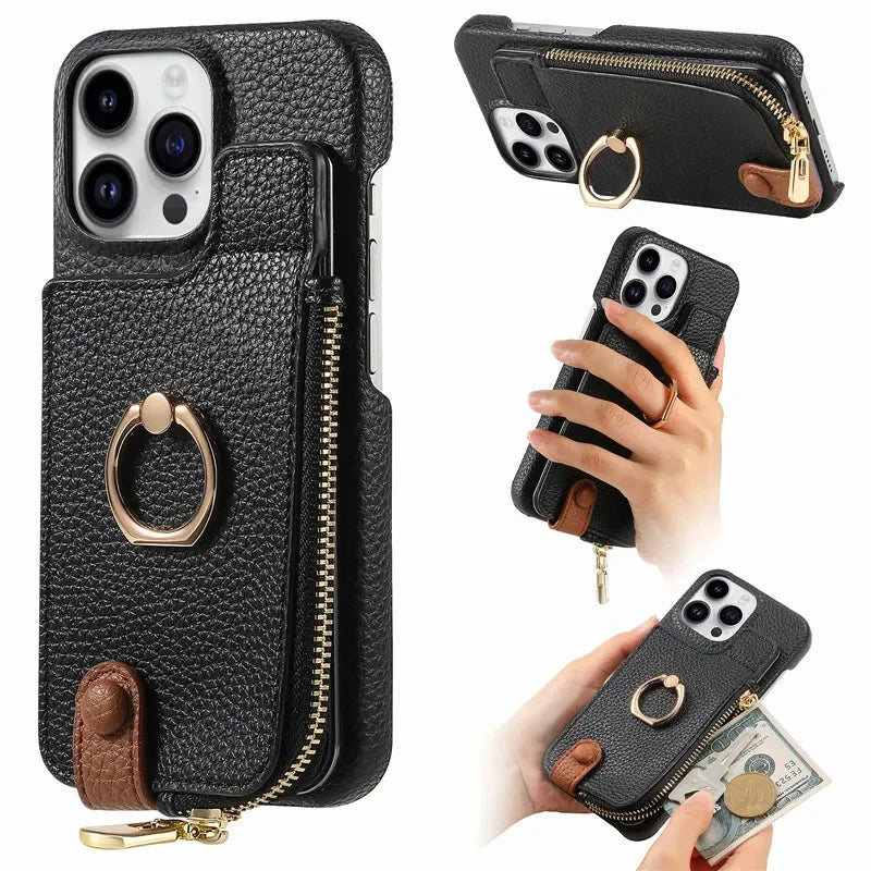Premium iPhone Case Leather Zipper Wallet Cover Card Holder Ring Kickstand Magnetic Closure Shockproof Full Protection Slim Design