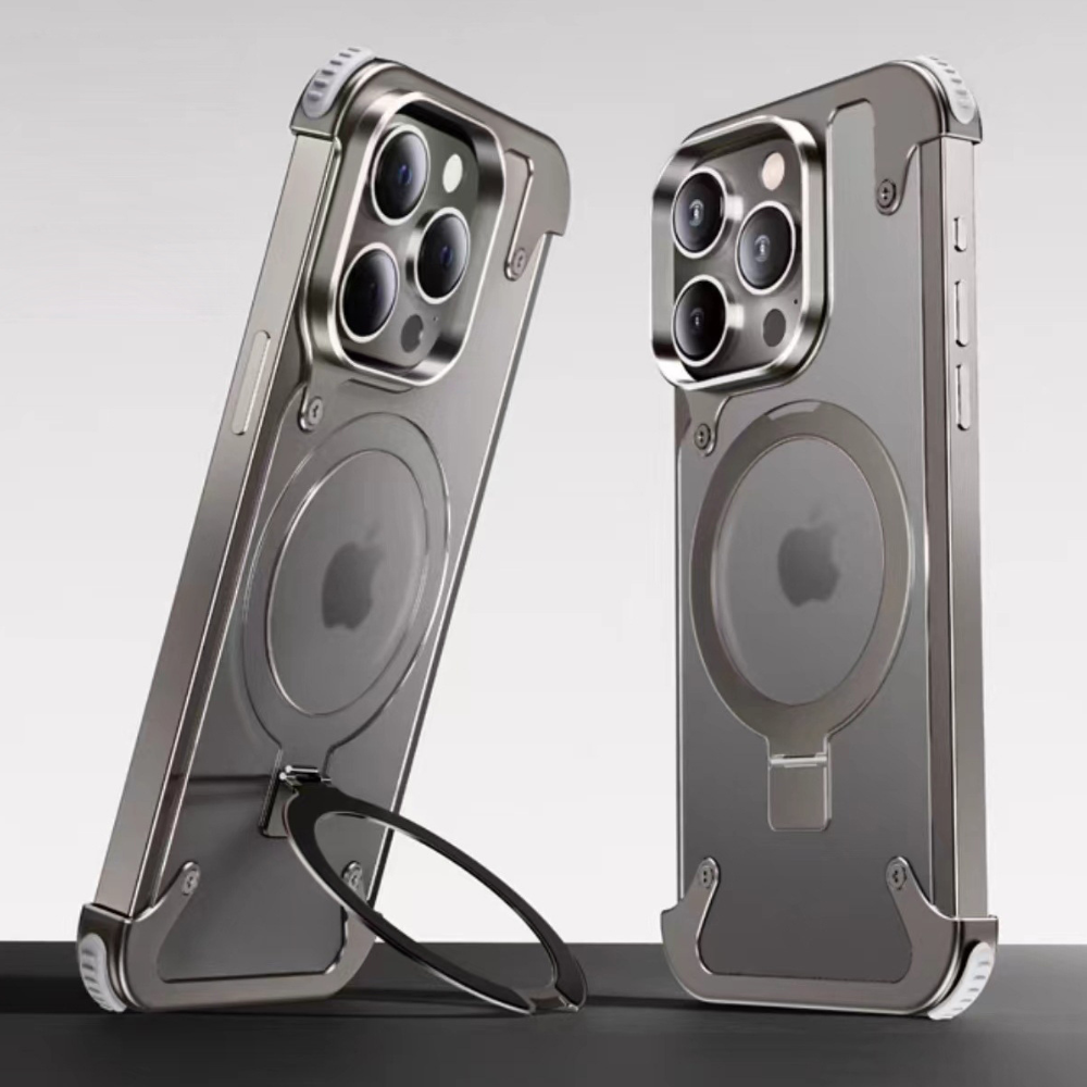 Premium iPhone Case MagSafe Compatible Aluminum Frame Magnetic Shockproof Protective Cover Ultra Thin Matte Metal Back Built-In Stand Camera Lens Protection Frameless Design