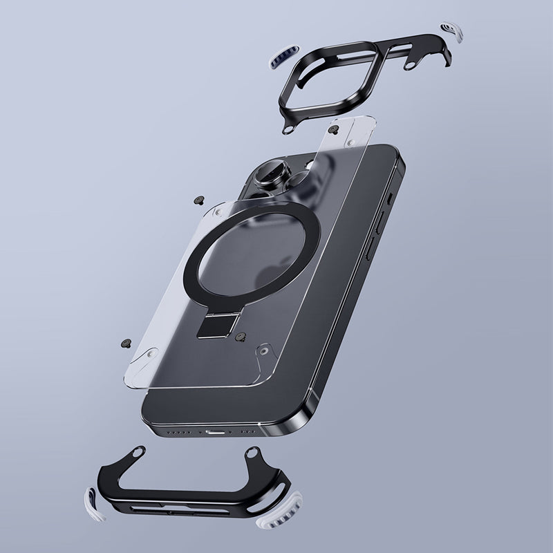 Premium iPhone Case MagSafe Compatible Aluminum Frame Magnetic Shockproof Protective Cover Ultra Thin Matte Metal Back Built-In Stand Camera Lens Protection Frameless Design