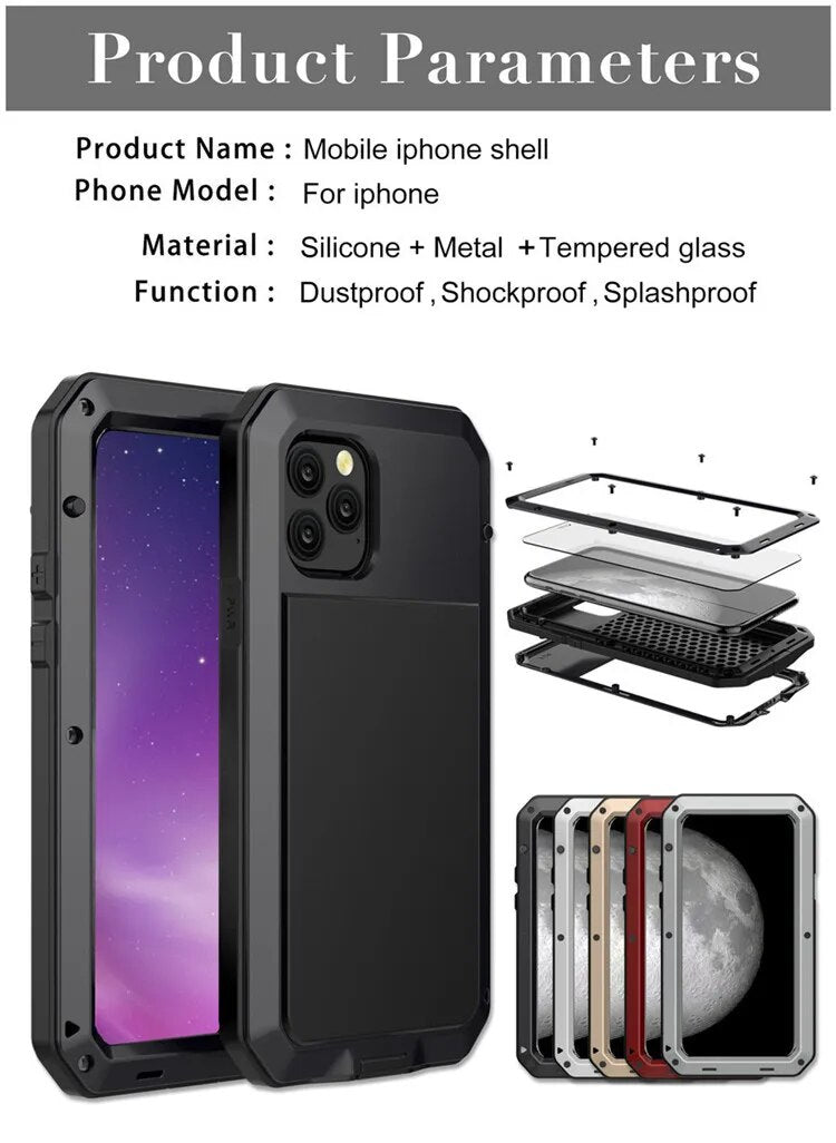 Premium iPhone Case MagSafe Compatible Aluminum Metal Frame Waterproof Shockproof Protective Cover Tempered Glass Screen Camera Lens Protection Full Body