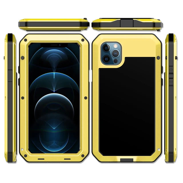 Premium iPhone Case MagSafe Compatible Aluminum Metal Frame Waterproof Shockproof Protective Cover Tempered Glass Screen Camera Lens Protection Full Body