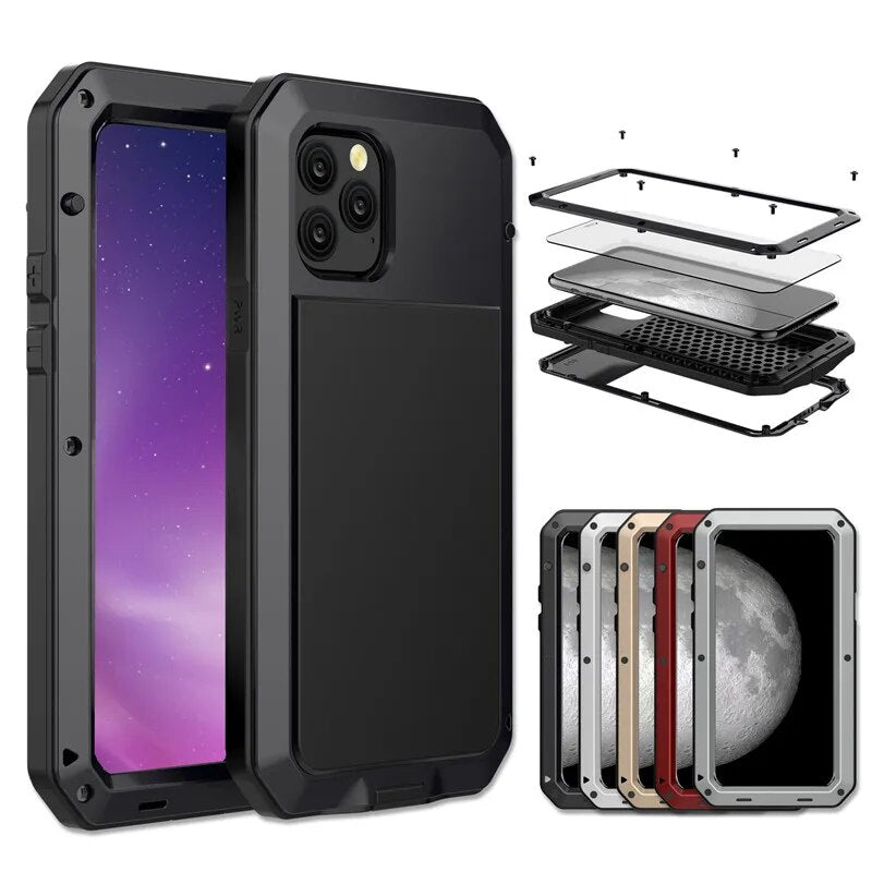 Premium iPhone Case MagSafe Compatible Aluminum Metal Frame Waterproof Shockproof Protective Cover Tempered Glass Screen Camera Lens Protection Full Body