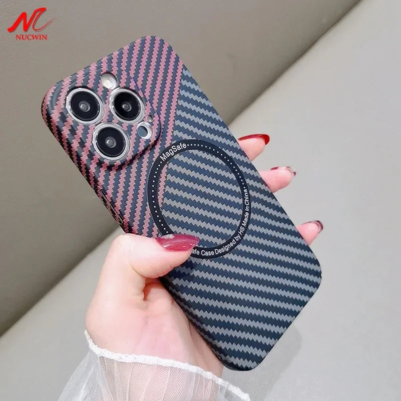 Premium iPhone Case MagSafe Compatible Carbon Fiber Magnetic Shockproof Protective Cover Slim Design Camera Lens Protection Lightweight