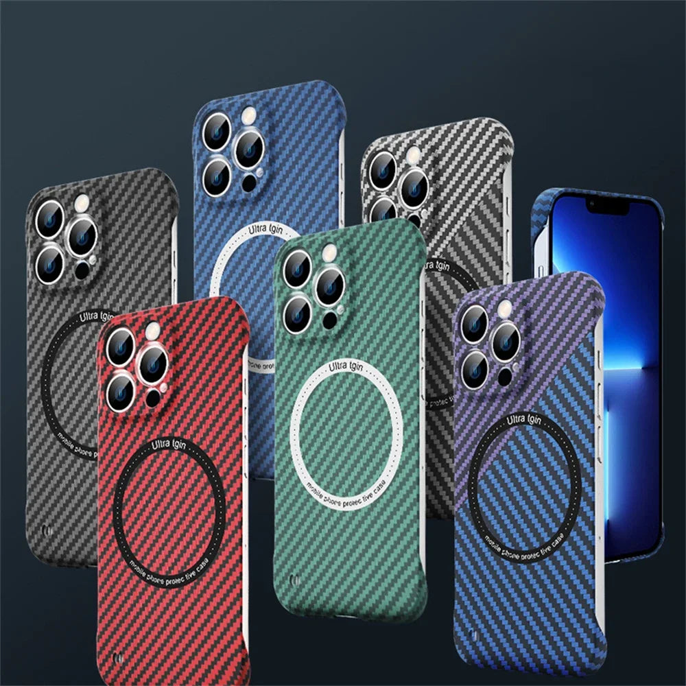 Premium iPhone Case MagSafe Compatible Carbon Fiber Magnetic Shockproof Protective Cover Slim Design Camera Lens Protection Lightweight