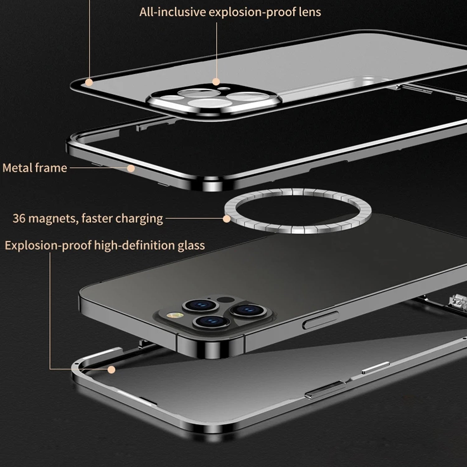 Premium iPhone Case MagSafe Compatible Double-Sided Tempered Glass Metal Frame Shockproof Protective Cover 360 Full Body Sealed Design Camera Lens Protection Slim Profile