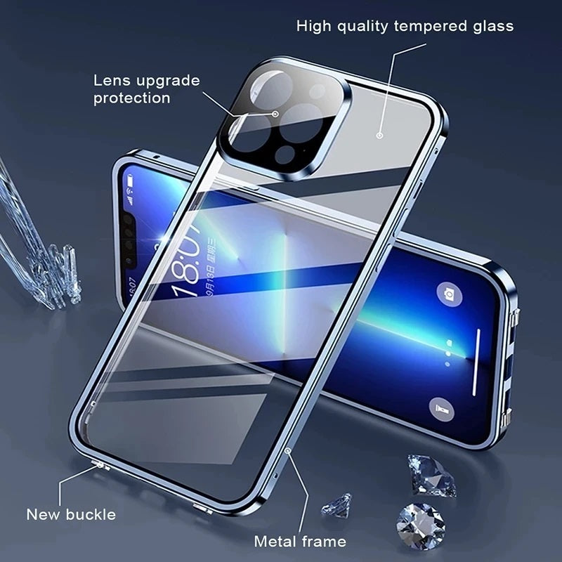 Premium iPhone Case MagSafe Compatible Double-Sided Tempered Glass Metal Frame Shockproof Protective Cover 360 Full Body Sealed Design Camera Lens Protection Slim Profile