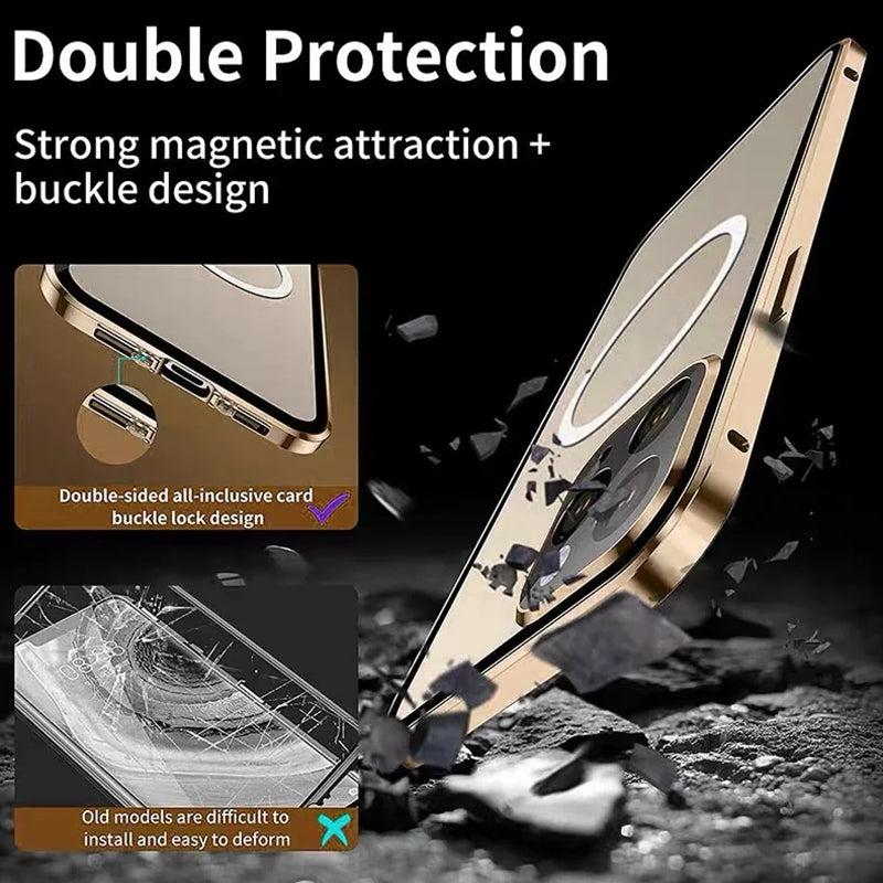 Premium iPhone Case MagSafe Compatible Double-Sided Tempered Glass Metal Frame Shockproof Protective Cover 360 Full Body Sealed Design Camera Lens Protection Slim Profile
