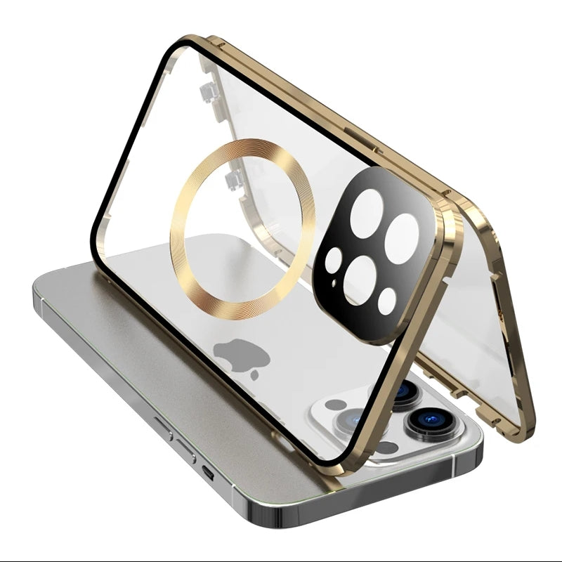 Premium iPhone Case MagSafe Compatible Double-Sided Tempered Glass Metal Frame Shockproof Protective Cover 360 Full Body Sealed Design Camera Lens Protection Slim Profile