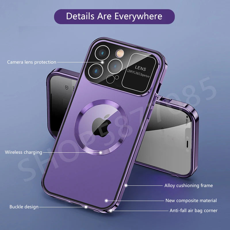 Premium iPhone Case MagSafe Compatible Double-Sided Tempered Glass Shockproof Protective Cover Magnetic Frame Camera Lens Protection Slim Design