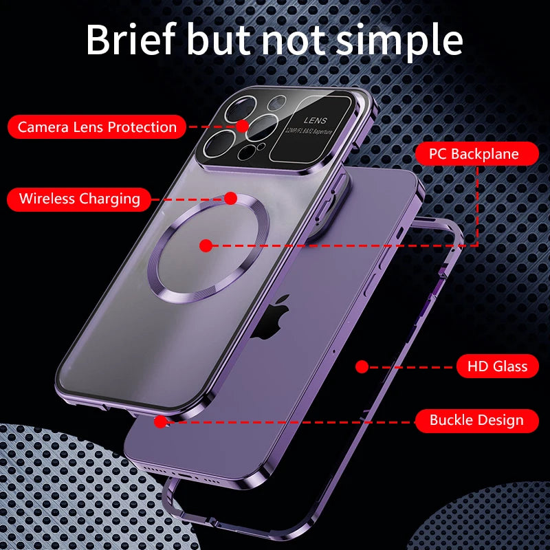 Premium iPhone Case MagSafe Compatible Double-Sided Tempered Glass Shockproof Protective Cover Magnetic Frame Camera Lens Protection Slim Design